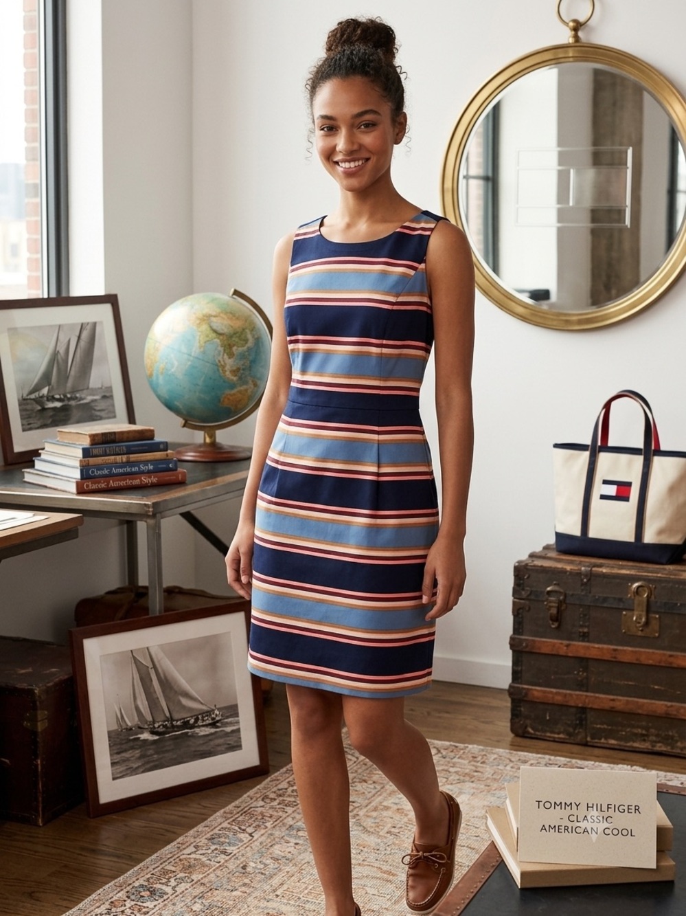 Tommy Hilfiger Navy with Multicolor Horizontal Stripe Sheath Dress